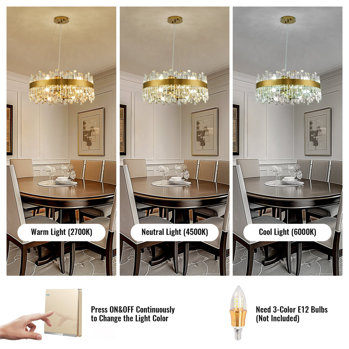 Candelabro de cristal moderno de 12 luces en latón dorado para comedor o cocina con poca luz