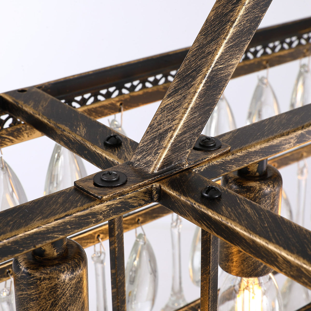 Lámpara de araña de cristal rectangular escalonada rústica vintage regulable de 7 luces con acabado en bronce antiguo