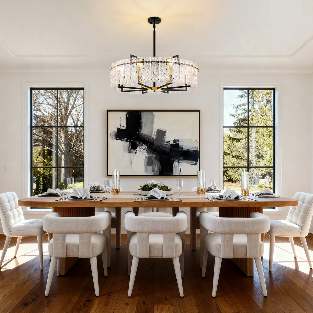 8-Light Dimmable Drum Chandelier with Textured Glass, Modern Lighting for Kitchen Island or Dining Room