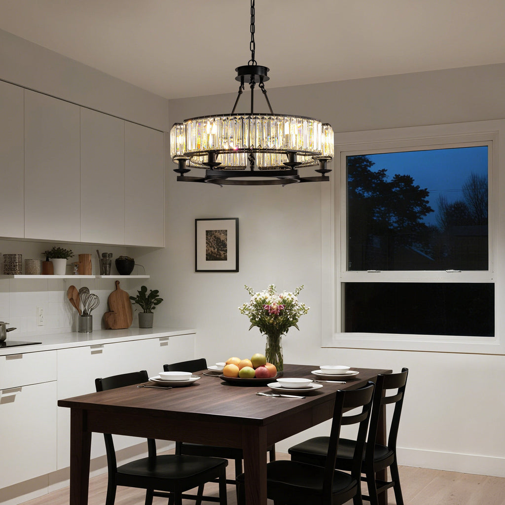26" Modern 6-Light Farmhouse Crystal Drum Matte Black Wagon Wheel Chandelier Ceiling Semi Flush Mount