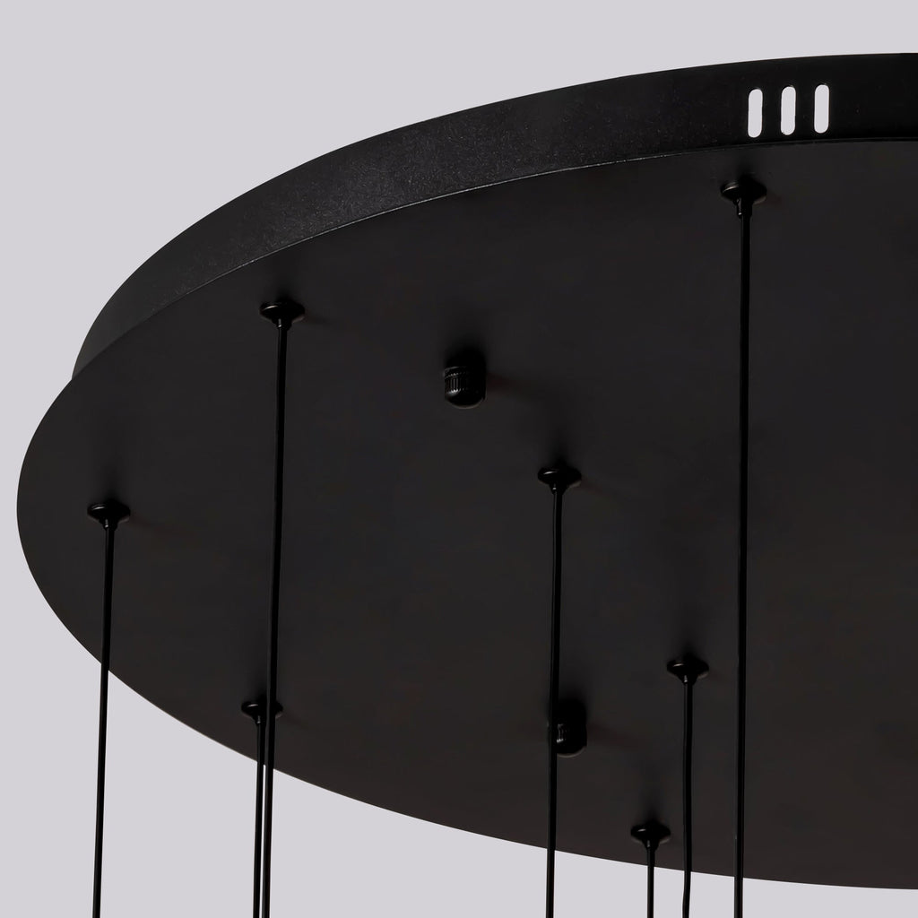 Lámpara de araña cilíndrica negra de 16 luces con esferas de cristal, luces LED regulables y control remoto para techos altos