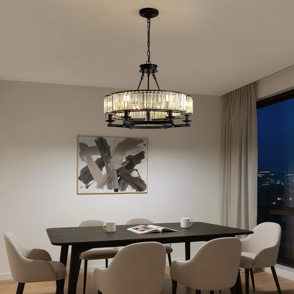 26" Modern 6-Light Farmhouse Crystal Drum Matte Black Wagon Wheel Chandelier Ceiling Semi Flush Mount