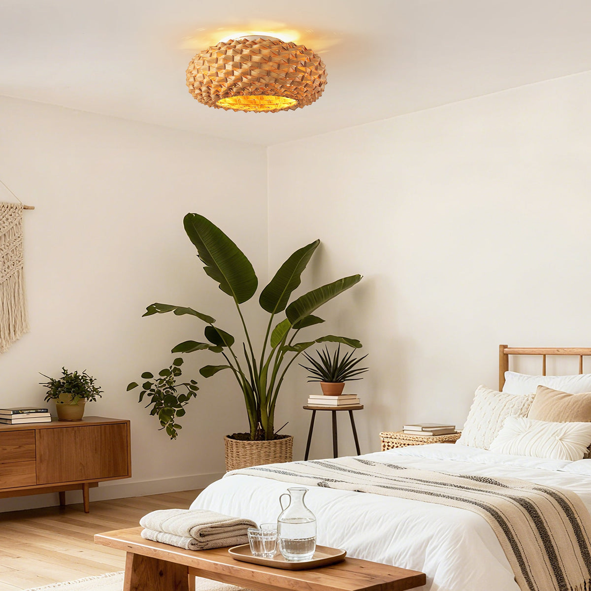 Ventilador de techo Boho de bambú de 20" con luz, ventilador de montaje empotrado con pantalla tejida y control remoto, motor de CC silencioso para habitaciones pequeñas