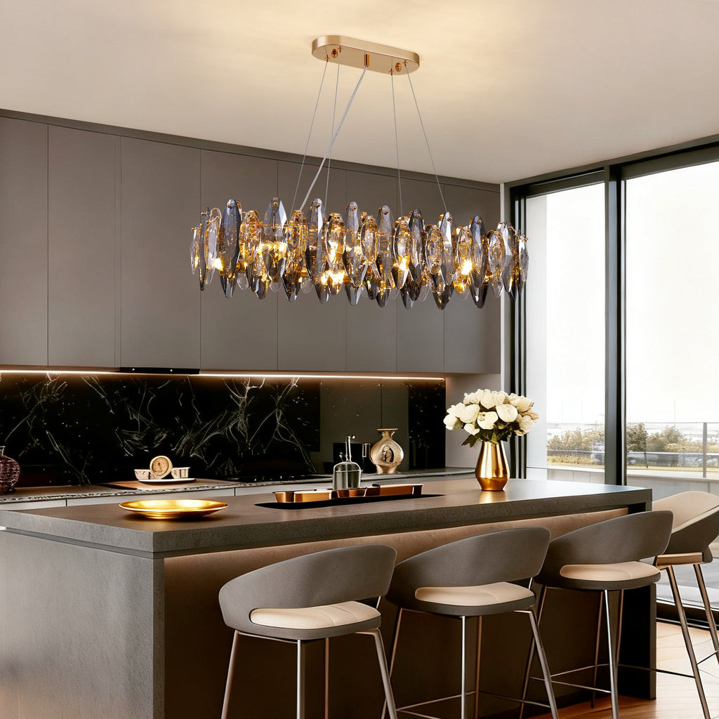 Lámpara de araña de cristal rectangular dorada de 10 luces para comedor