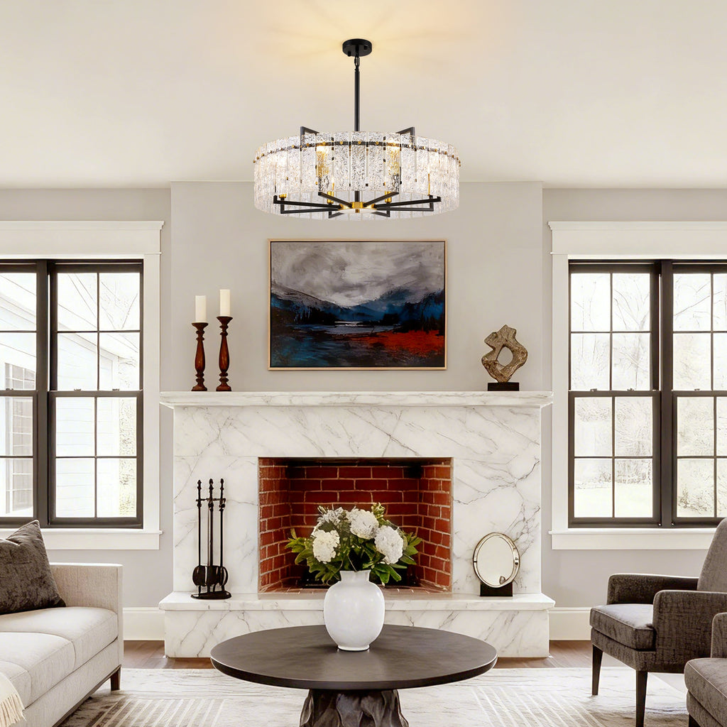 8-Light Dimmable Drum Chandelier with Textured Glass, Modern Lighting for Kitchen Island or Dining Room