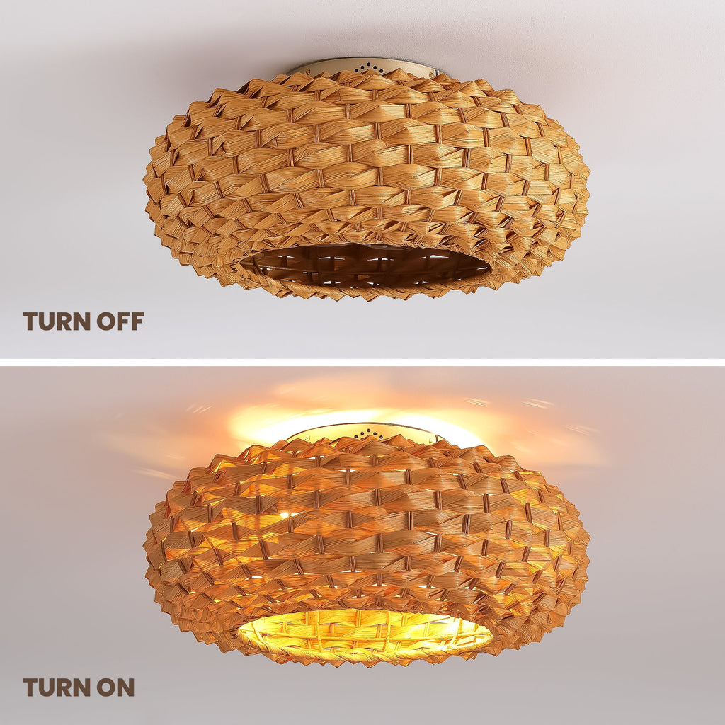 Ventilador de techo Boho de bambú de 20" con luz, ventilador de montaje empotrado con pantalla tejida y control remoto, motor de CC silencioso para habitaciones pequeñas