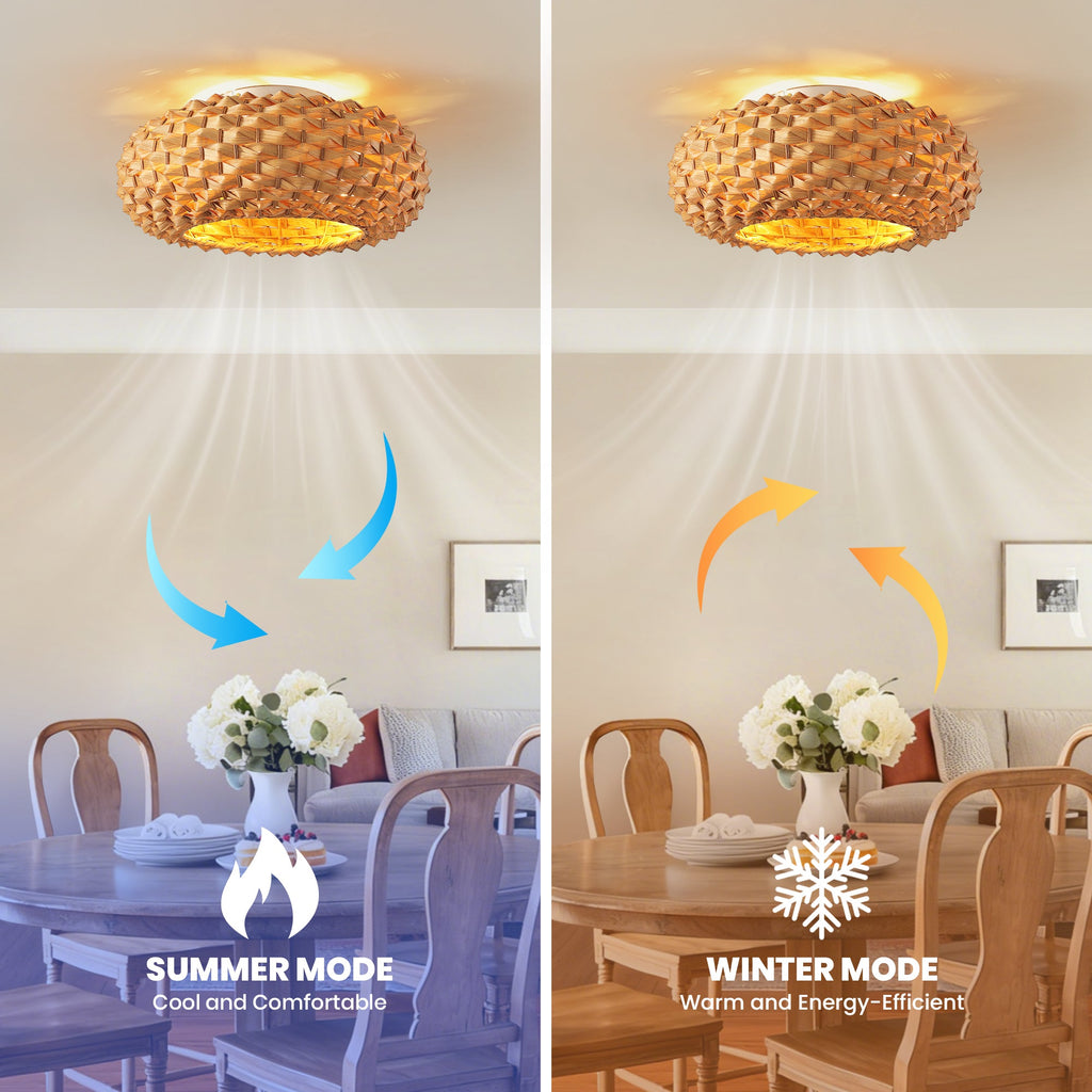 Ventilador de techo Boho de bambú de 20" con luz, ventilador de montaje empotrado con pantalla tejida y control remoto, motor de CC silencioso para habitaciones pequeñas