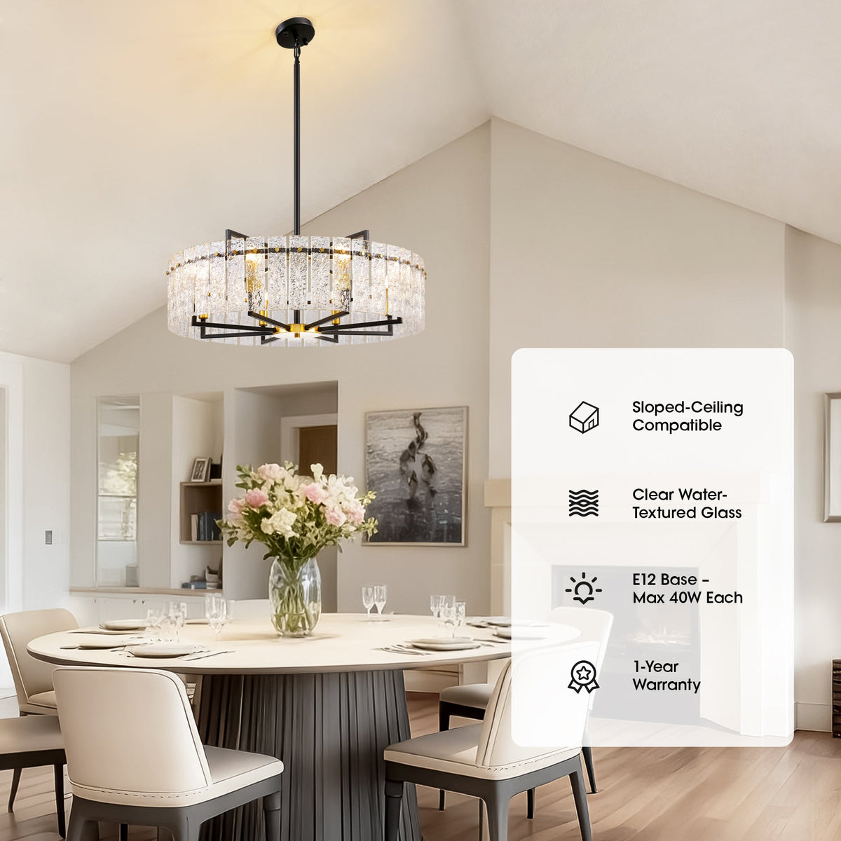 8-Light Dimmable Drum Chandelier with Textured Glass, Modern Lighting for Kitchen Island or Dining Room