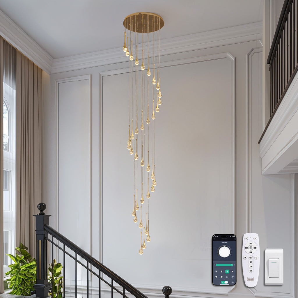 Lámpara de araña para vestíbulo de cilindro de 36 luces con cristales de gota de lluvia y luz LED