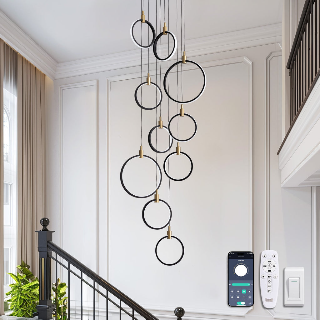 Lámpara de araña geométrica regulable LED de 10 anillos, luz de vestíbulo negra y dorada para techos altos con control remoto y de aplicación