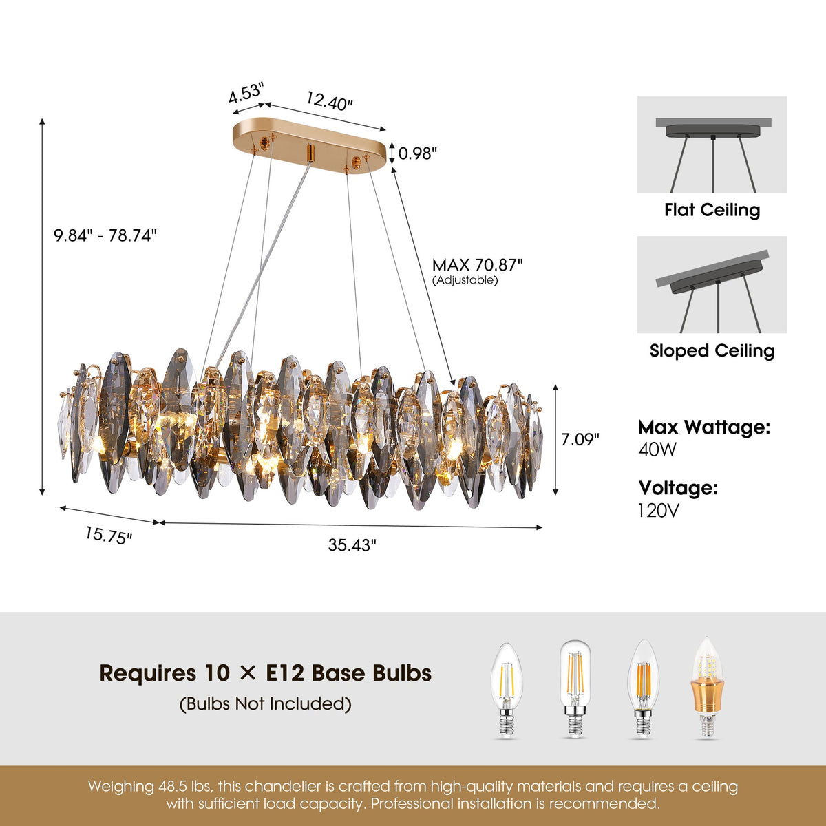 Lámpara de araña de cristal rectangular dorada de 10 luces para comedor