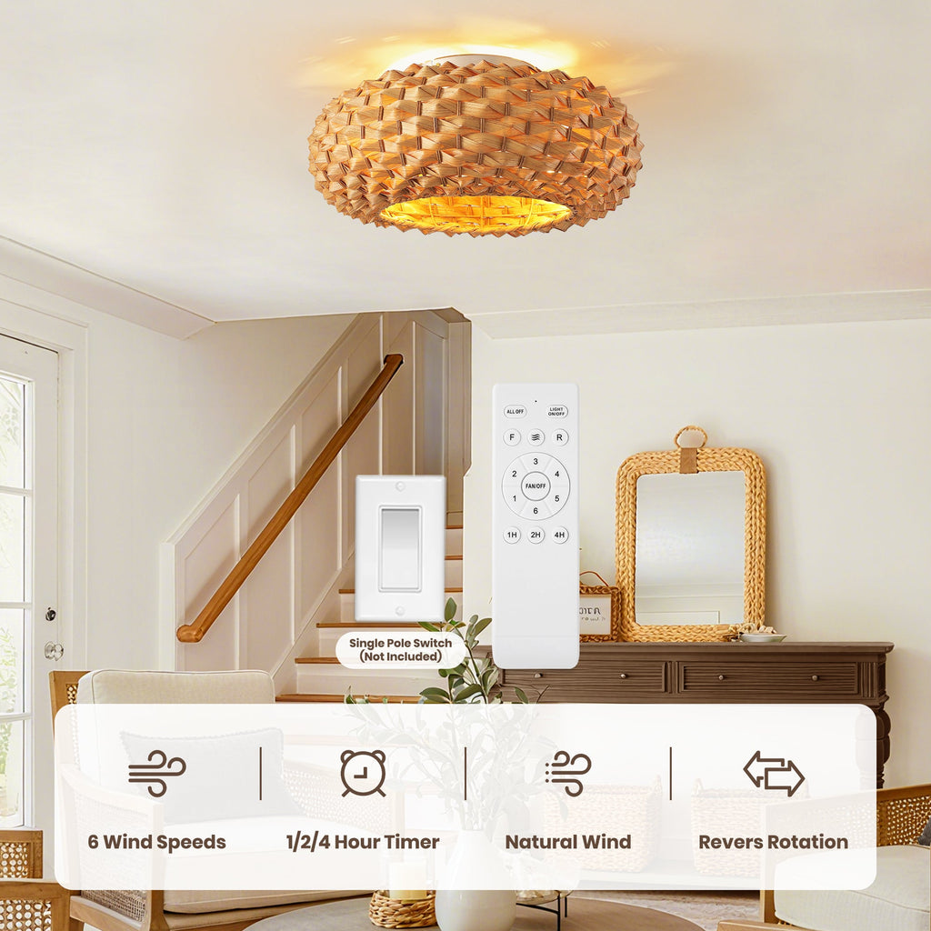 Ventilador de techo Boho de bambú de 20" con luz, ventilador de montaje empotrado con pantalla tejida y control remoto, motor de CC silencioso para habitaciones pequeñas