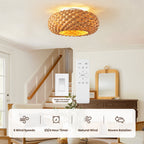 Ventilador de techo Boho de bambú de 20" con luz, ventilador de montaje empotrado con pantalla tejida y control remoto, motor de CC silencioso para habitaciones pequeñas