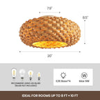 Ventilador de techo Boho de bambú de 20" con luz, ventilador de montaje empotrado con pantalla tejida y control remoto, motor de CC silencioso para habitaciones pequeñas