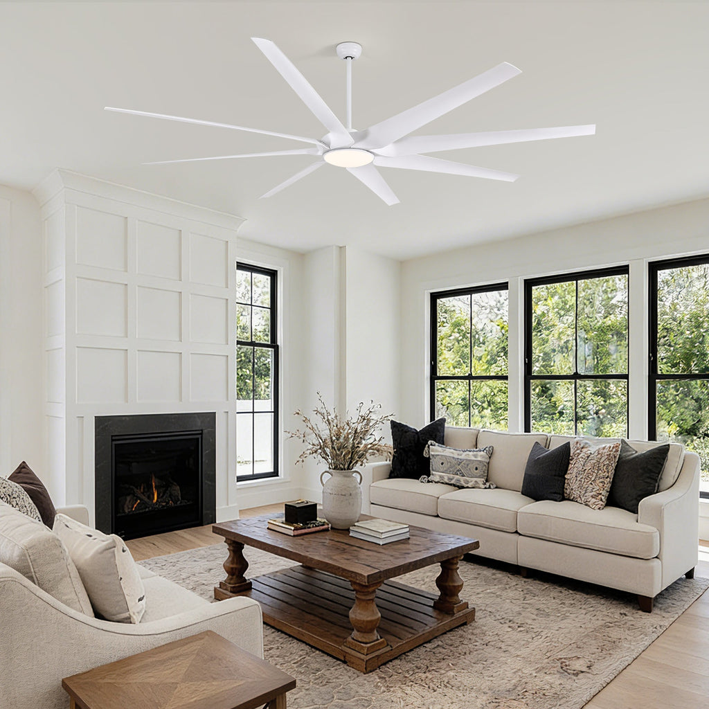 100" Smart Indoor White Industrial Large Downrod 8-Blade Ceiling Fans with Lights and Remote Dimmable