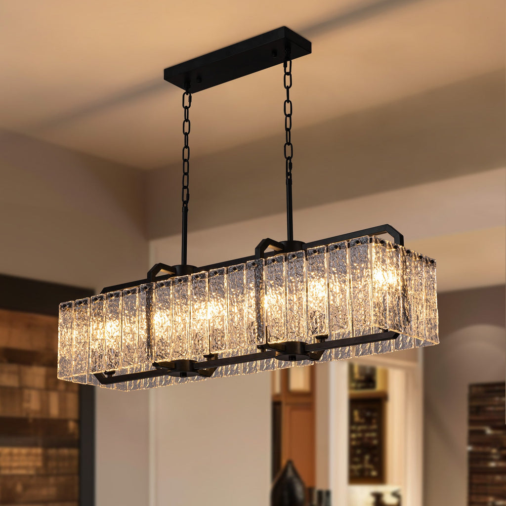 6-Light Modern Dimmable Black Rectangle Crystal Chandelier for Dining Room