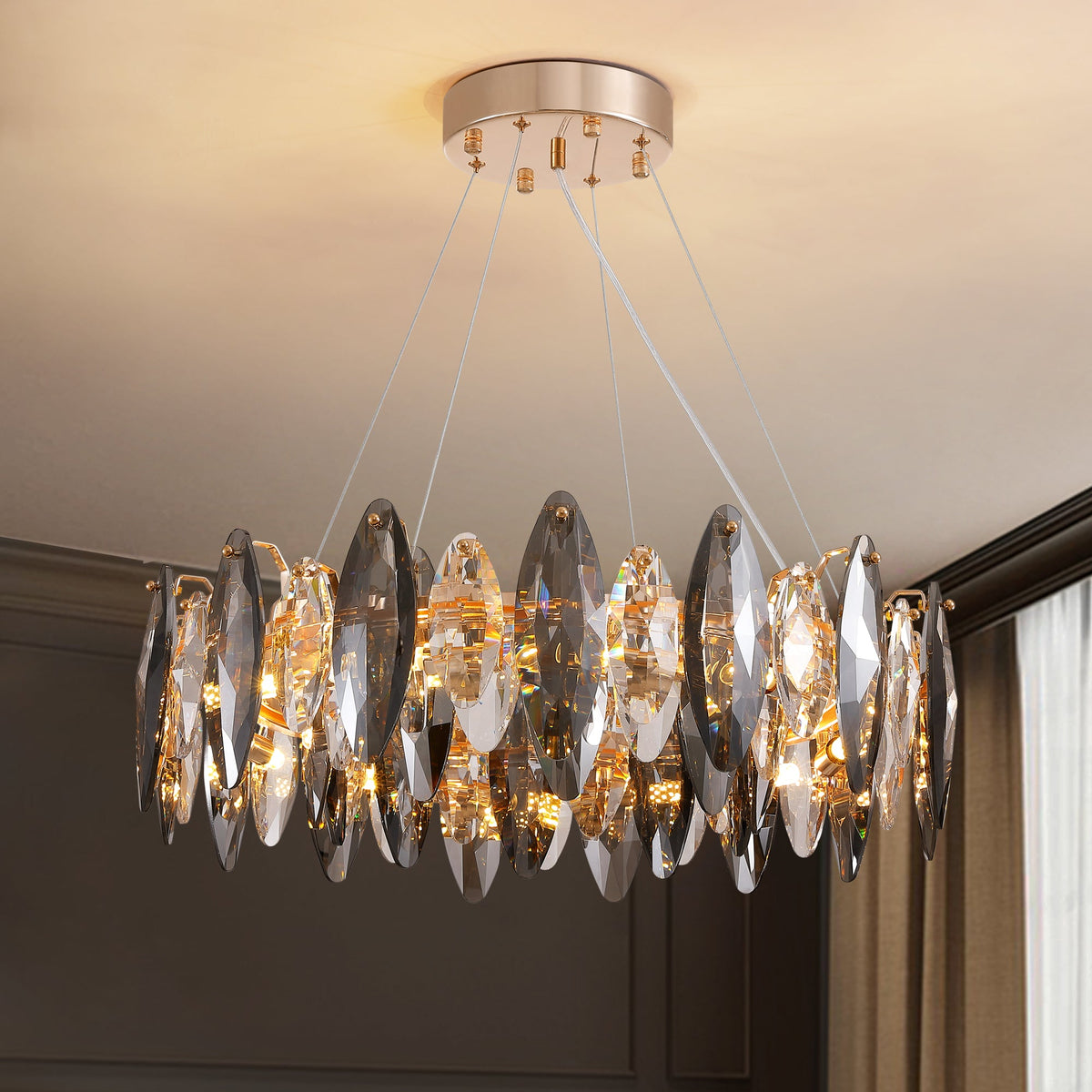 12-Light Dimmable Drum Crystal Chandelier, Modern Luxury Lighting for Kitchen Island Dining Room