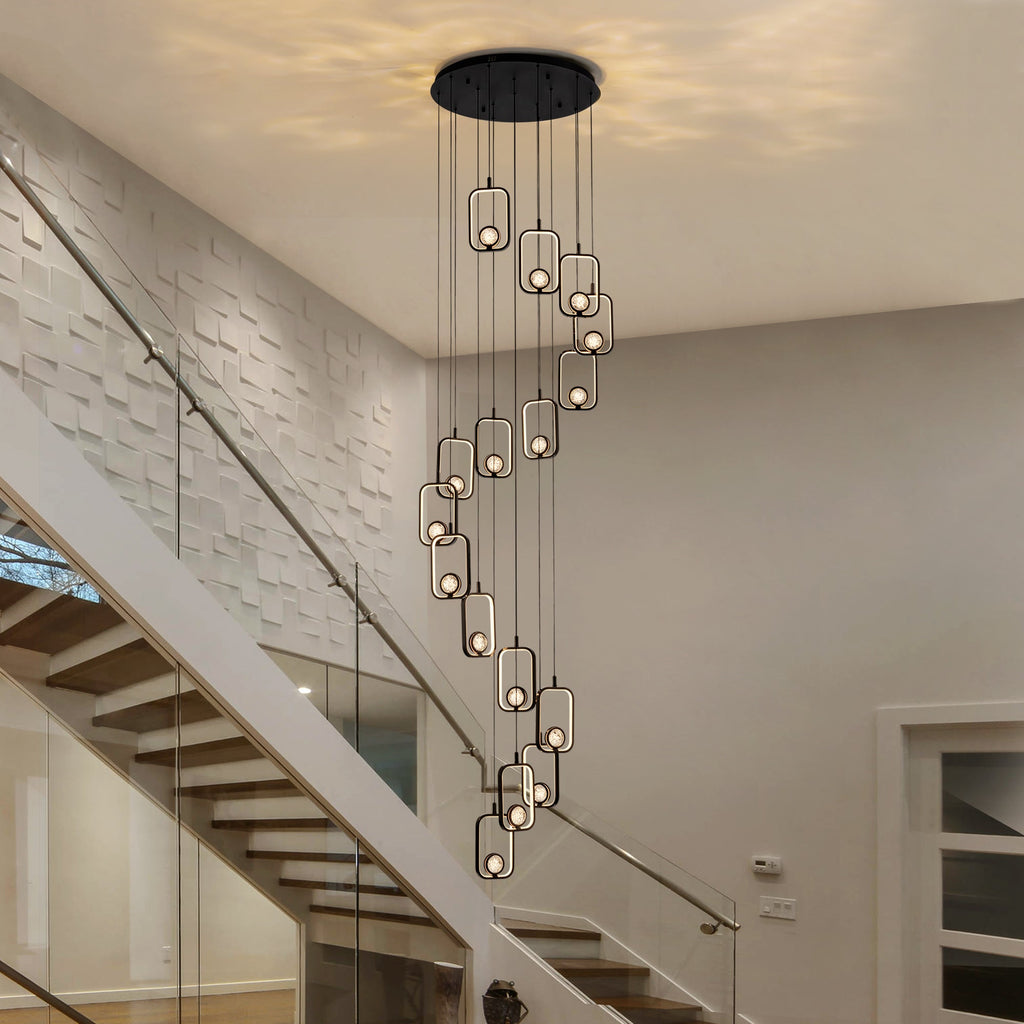 Lámpara de araña cilíndrica negra de 16 luces con esferas de cristal, luces LED regulables y control remoto para techos altos