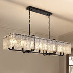 Lámpara de araña rectangular moderna con 7 luces, regulable, de cristal negro, para comedor
