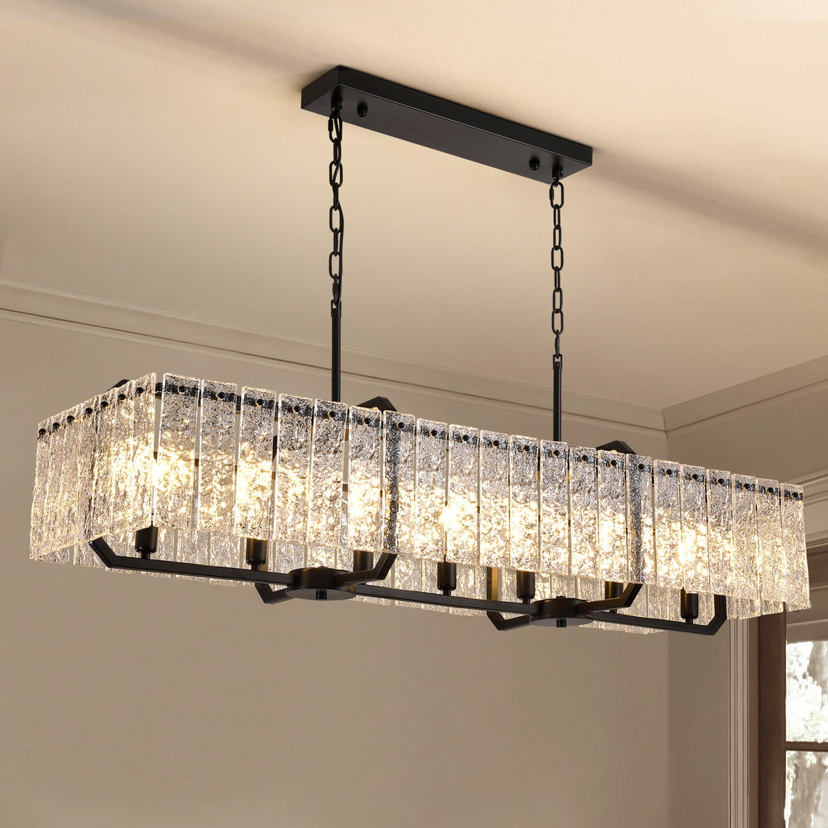Lámpara de araña rectangular moderna con 7 luces, regulable, de cristal negro, para comedor