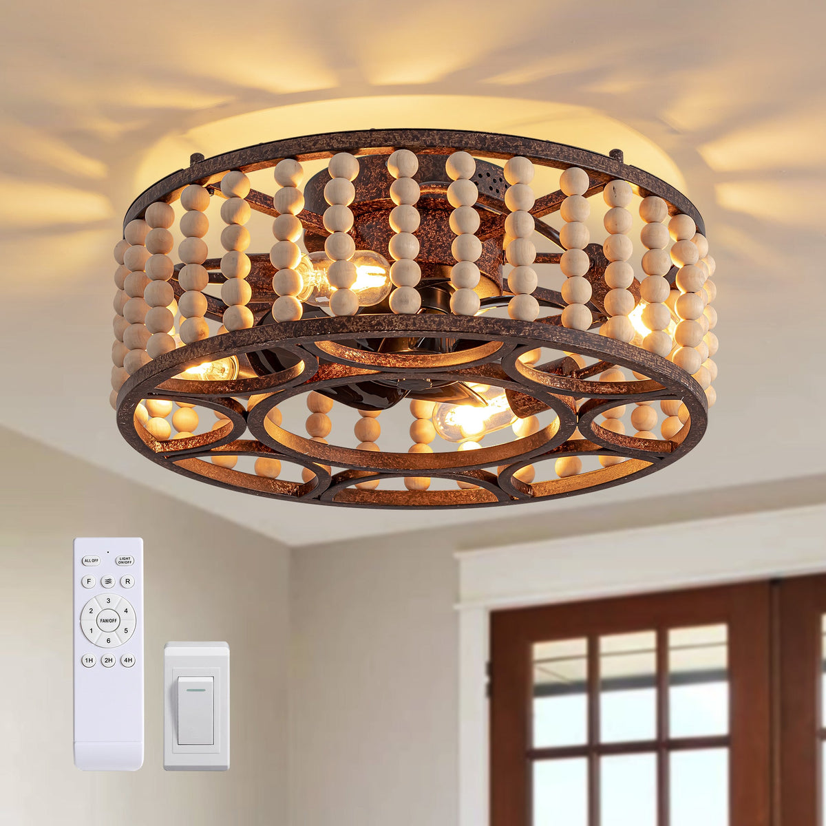 20" Indoor Walnut Beaded Caged Ceiling Fan with Light and Remote, Flush Mount Fan for Living Room,Dining Room,Kitchen