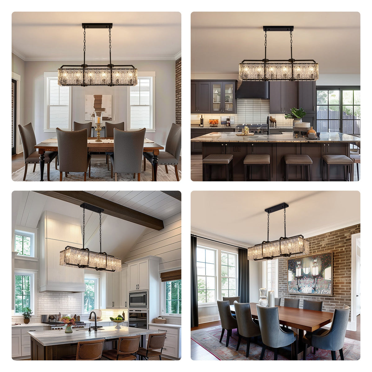 6-Light Modern Dimmable Black Rectangle Crystal Chandelier for Dining Room