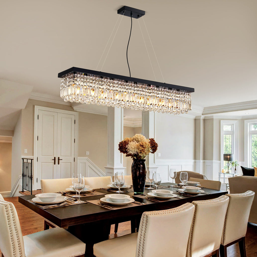 10-Light Dimmable Crystal Rectangle Chandelier for Kitchen Island and Dining Room, Modern Luxury Gold Ceiling Light
