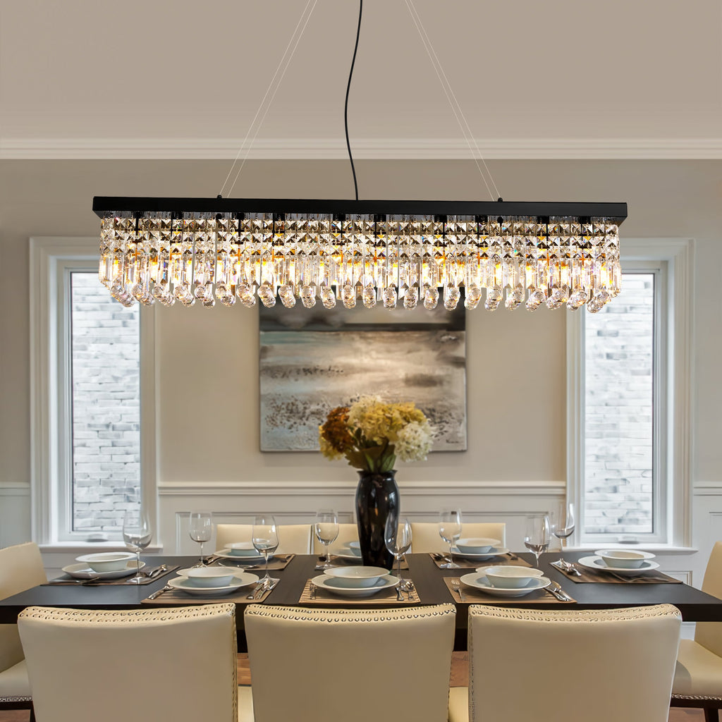 10-Light Dimmable Crystal Rectangle Chandelier for Kitchen Island and Dining Room, Modern Luxury Gold Ceiling Light