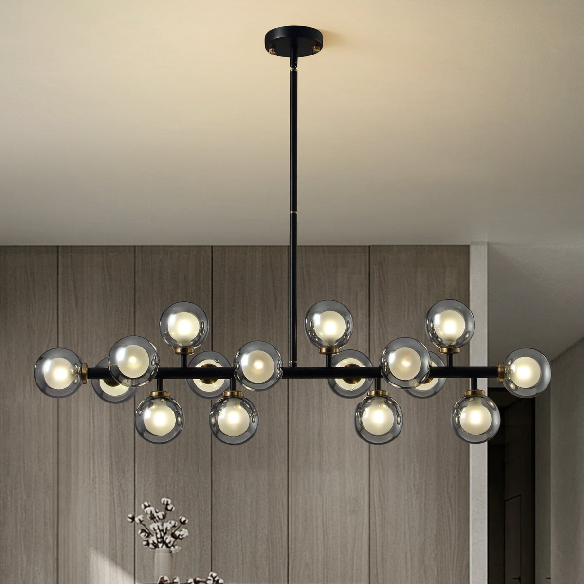 16-Light Modern Black Dimmable Bubble Glass Sputnik Chandelier for Dining Room and Living Room