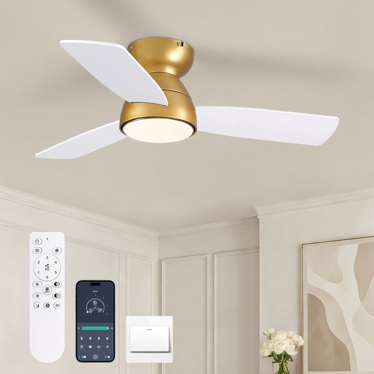 32in Ceiling Fan with Light and Remote/APP Controls, Low Profile Bedroom Fans with Reversible Motor