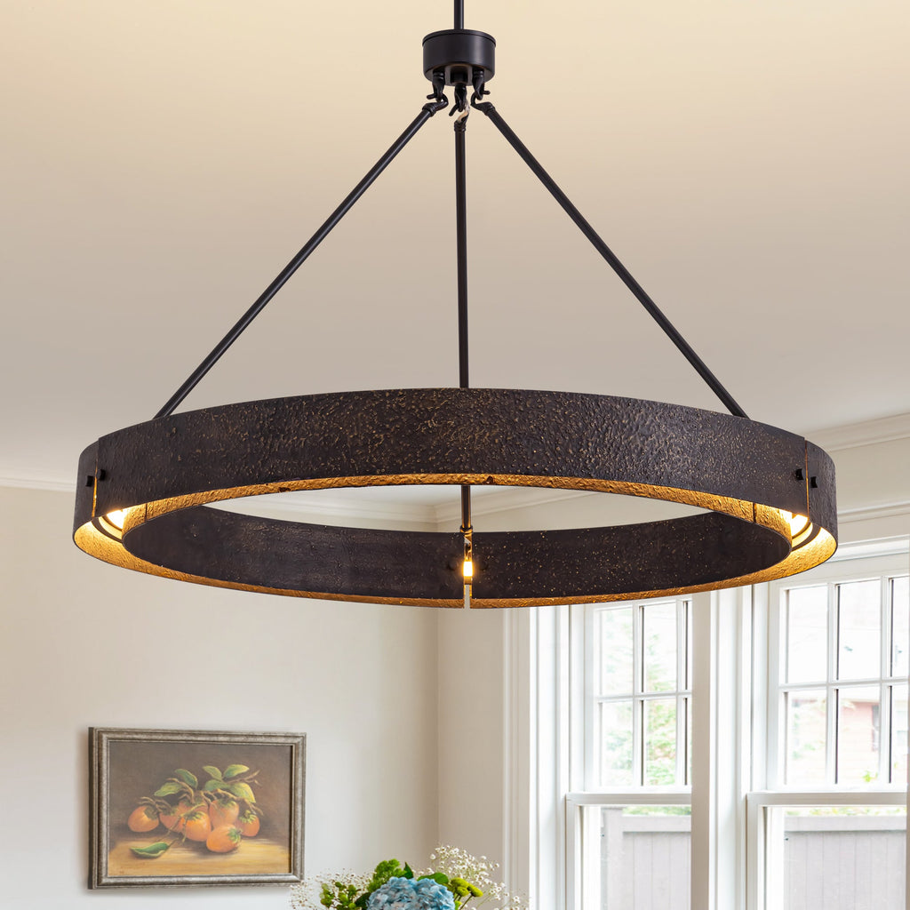 Lámpara de araña rústica redonda con LED integrado, lámpara de techo vintage industrial estilo casa de campo