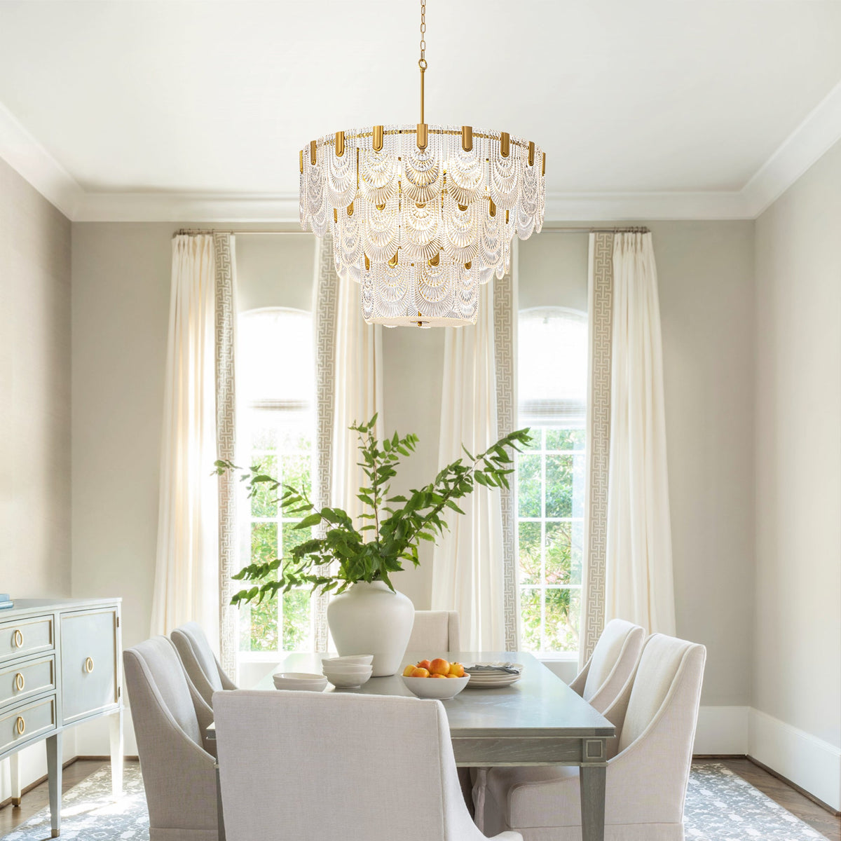 12-Light Modern Electroplated Gold 3-Layer Glass Chandelier for Dining Room and Living Room