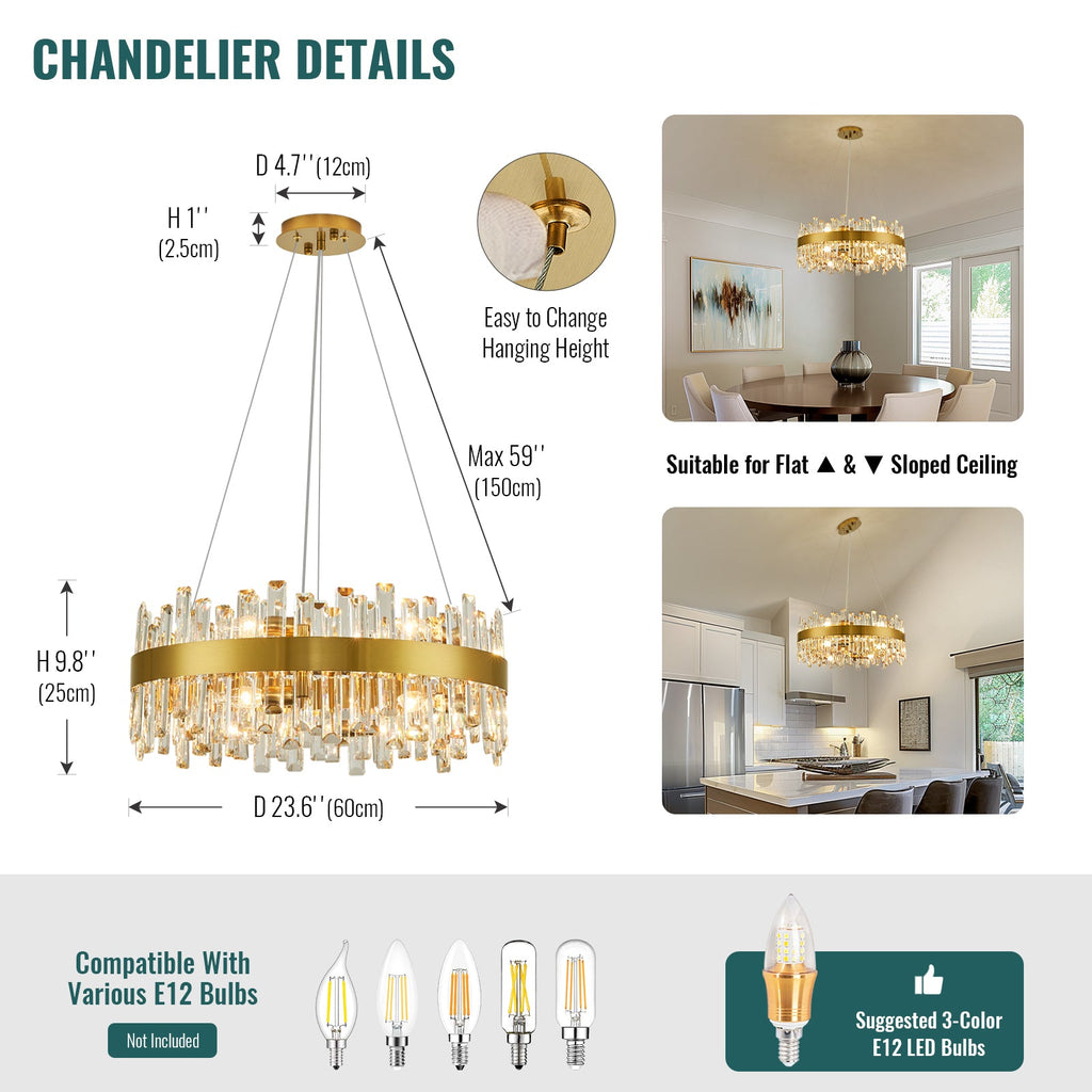 Candelabro de cristal moderno de 12 luces en latón dorado para comedor o cocina con poca luz