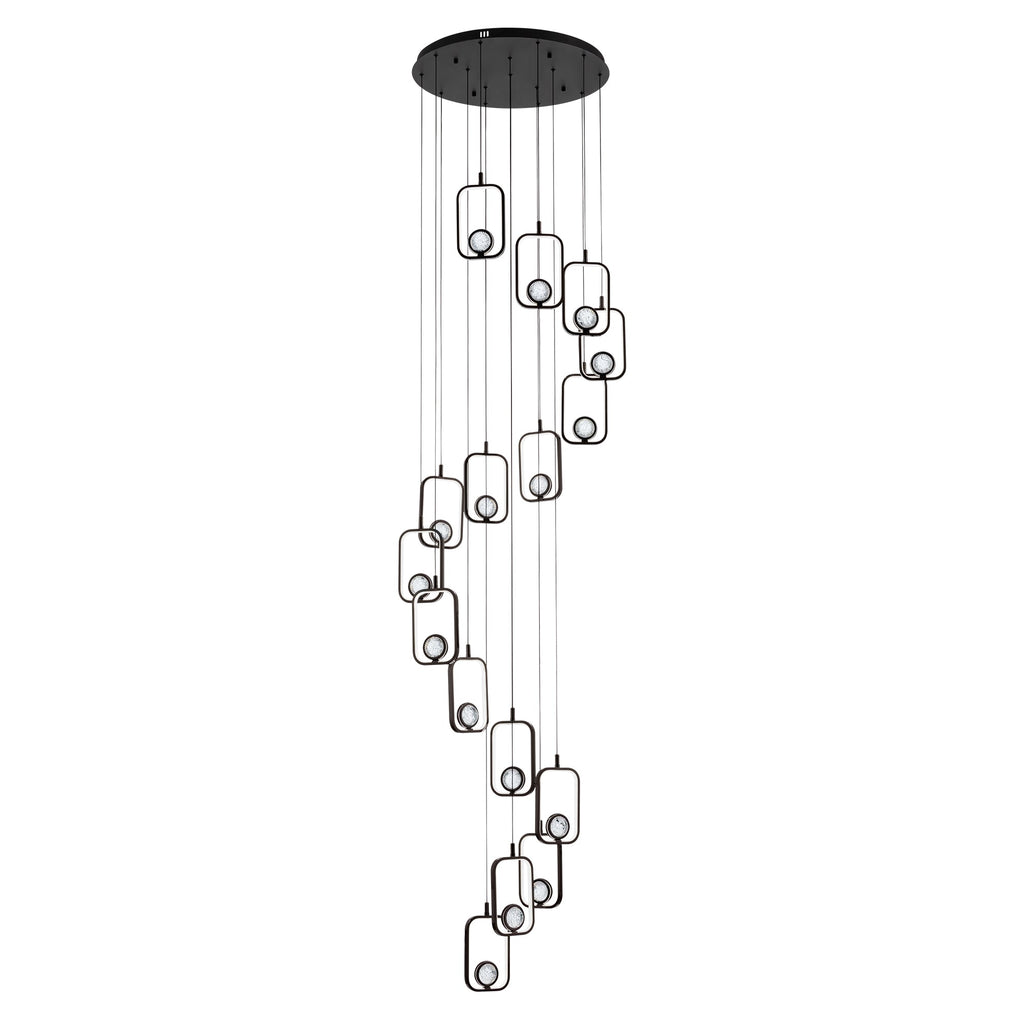 Lámpara de araña cilíndrica negra de 16 luces con esferas de cristal, luces LED regulables y control remoto para techos altos