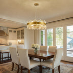 Candelabro de cristal moderno de 12 luces en latón dorado para comedor o cocina con poca luz