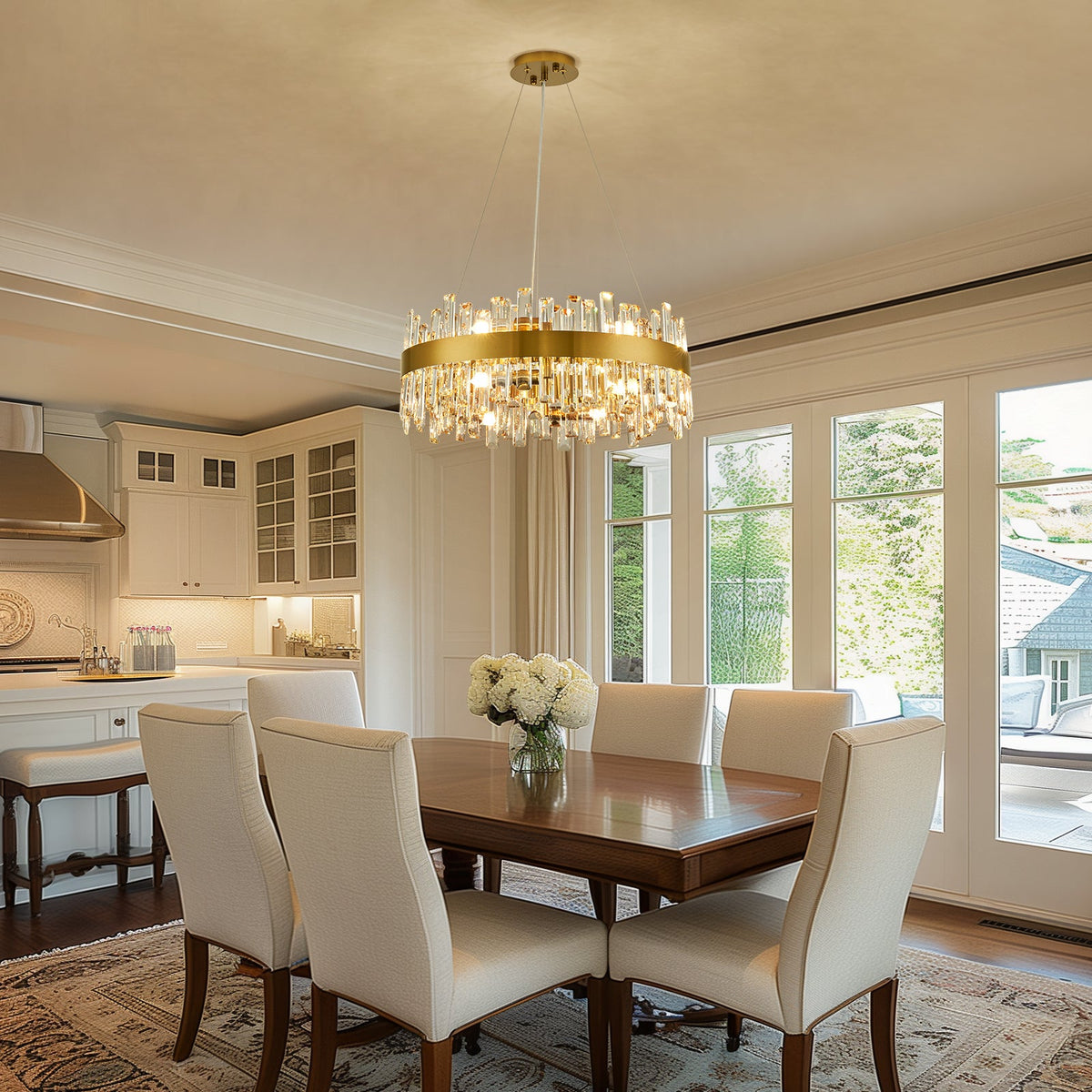 Candelabro de cristal moderno de 12 luces en latón dorado para comedor o cocina con poca luz