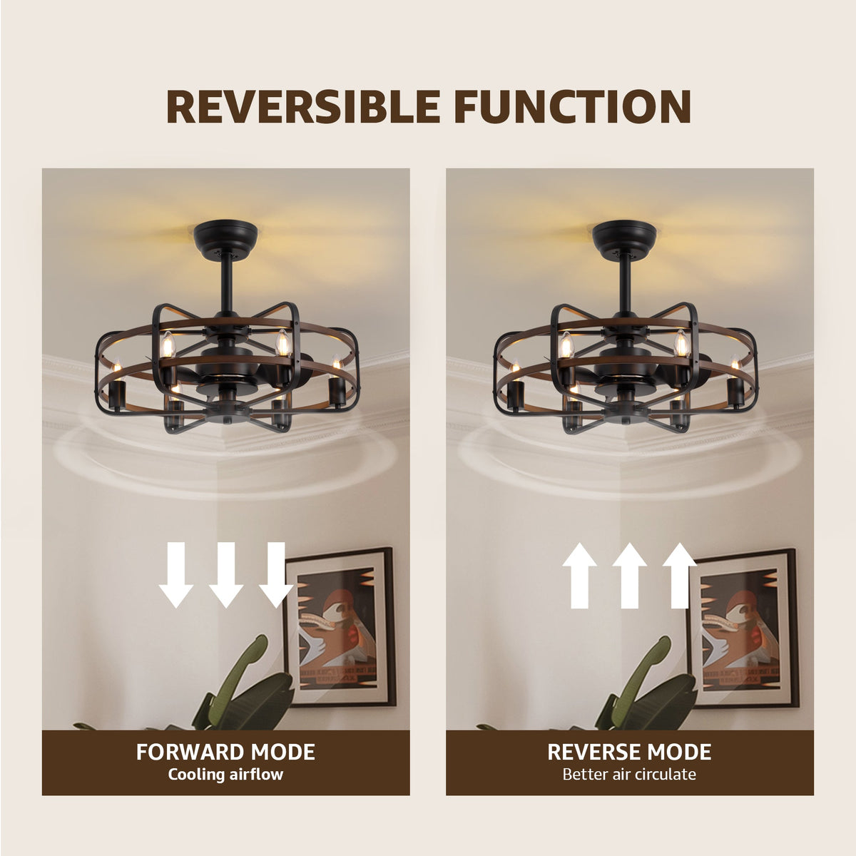 25" Farmhouse Indoor Vintage Caged Ceiling Fan with Lights and Remote Control, Black and Walnut Color Chandelier Fan