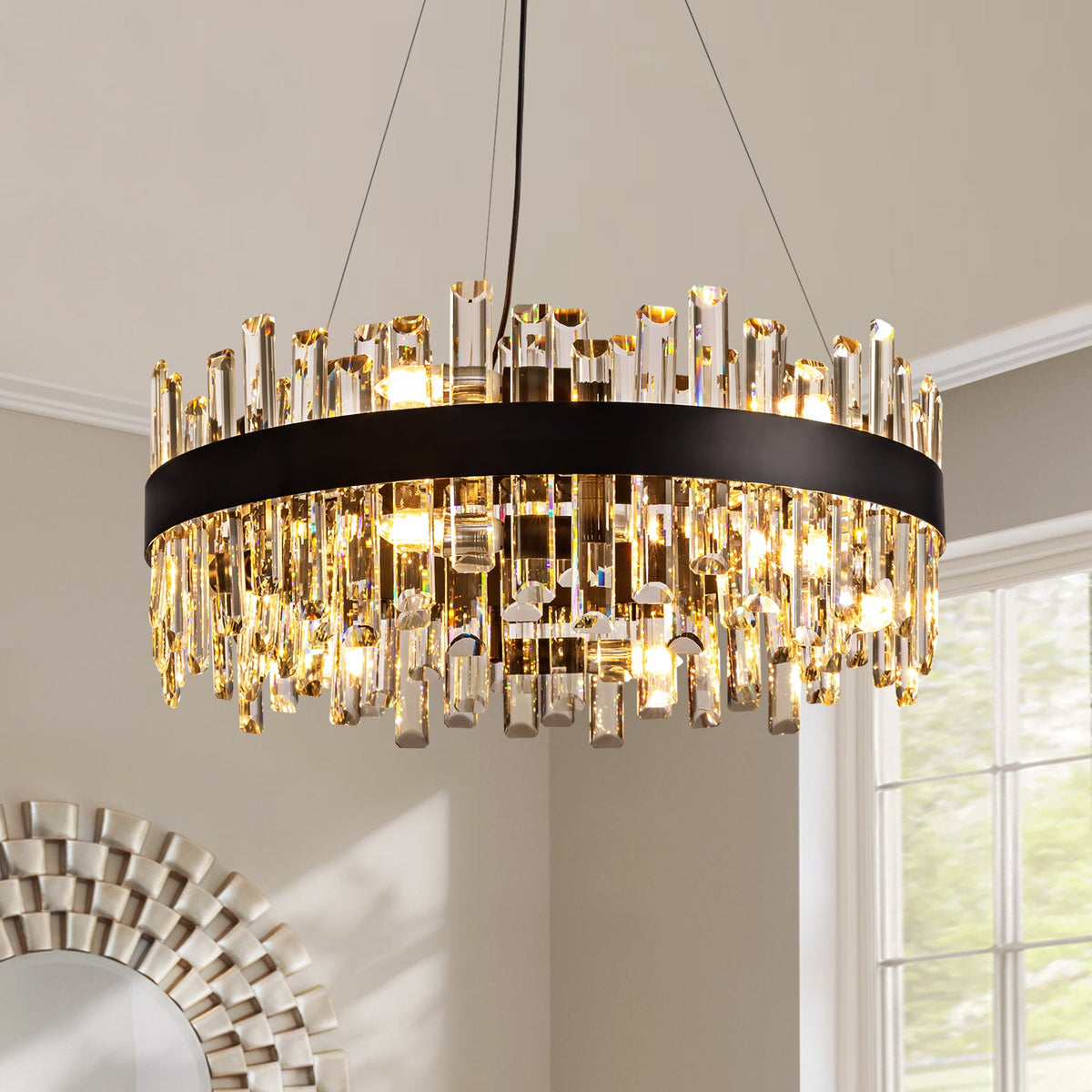 12-Light Modern Black Crystal Chandelier, Circle Round 2-Tier Chandelier for Dining Living Room Bedroom