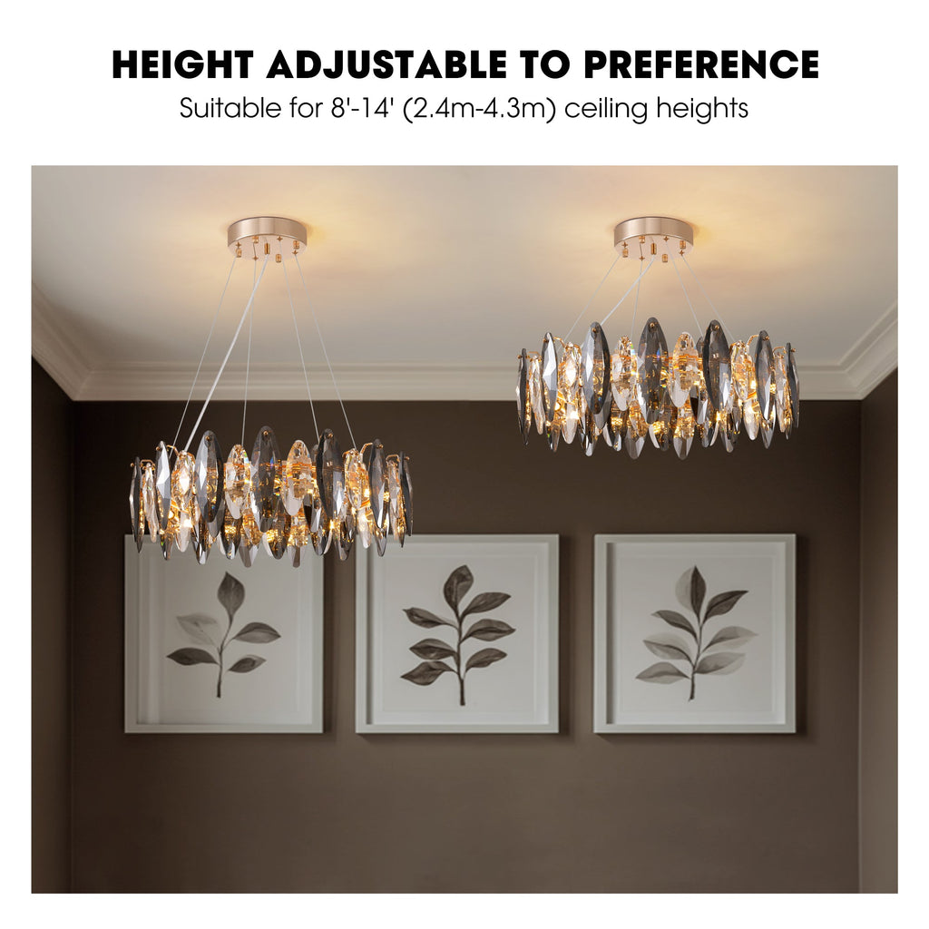 Lámpara de araña de cristal de tambor regulable de 12 luces, iluminación moderna de lujo para isla de cocina y comedor