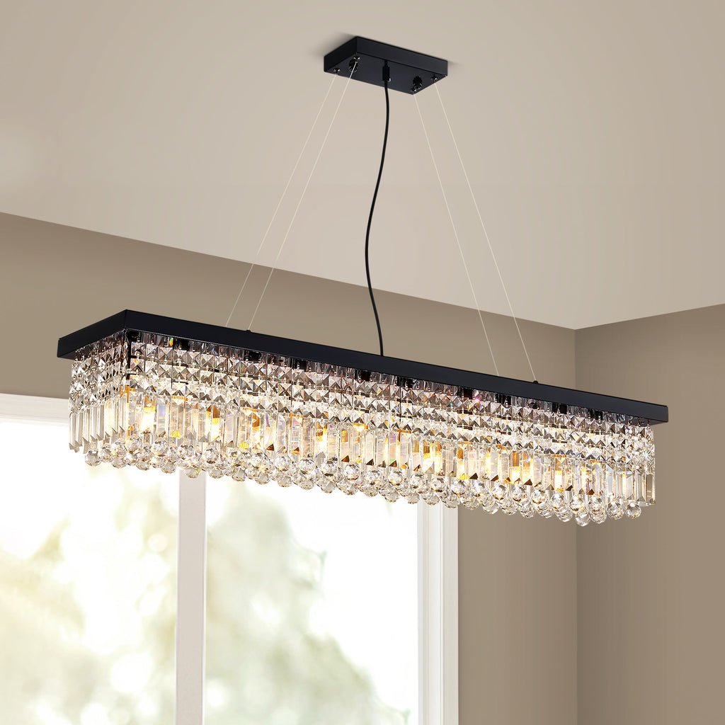 10-Light Dimmable Crystal Rectangle Chandelier for Kitchen Island and Dining Room, Modern Luxury Gold Ceiling Light