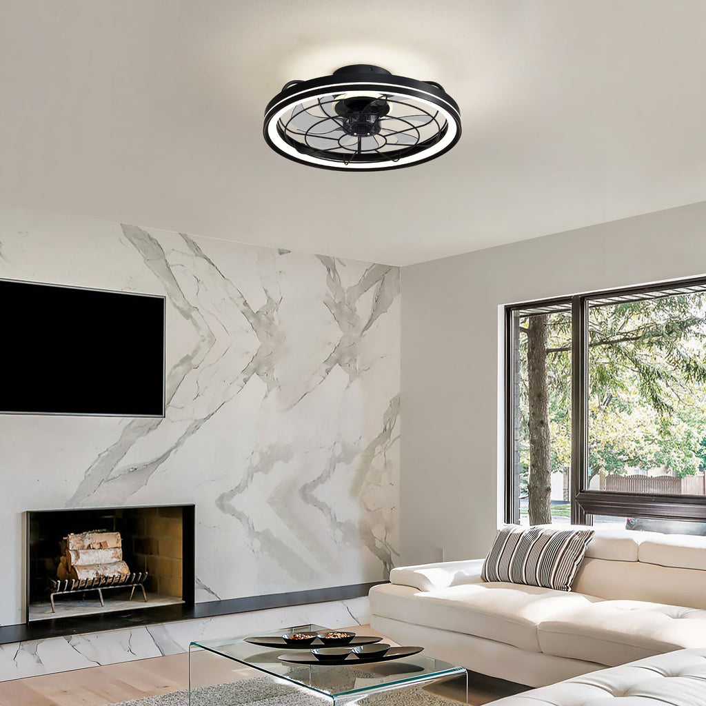 19" Indoor Black Caged Ceiling Fan with Integrated LED Light Modern Farmhouse Flush Mount Ceiling Fan