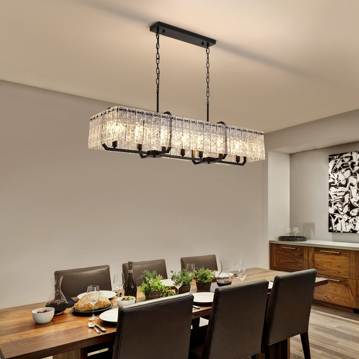 Lámpara de araña rectangular moderna con 7 luces, regulable, de cristal negro, para comedor