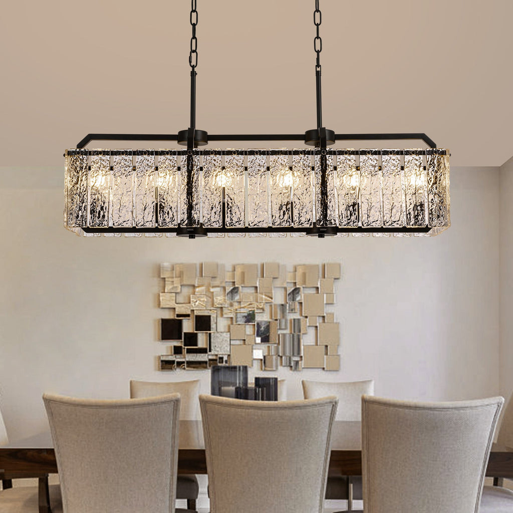 6-Light Modern Dimmable Black Rectangle Crystal Chandelier for Dining Room