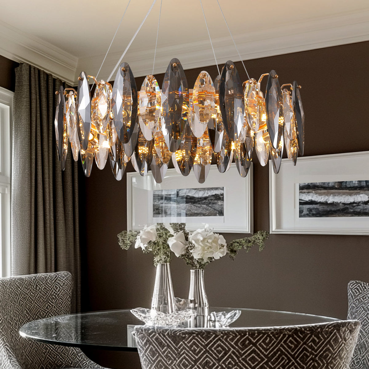 12-Light Dimmable Drum Crystal Chandelier, Modern Luxury Lighting for Kitchen Island Dining Room