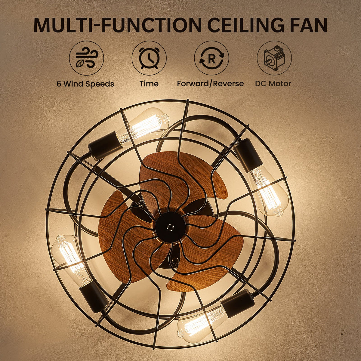 Ventilador de techo enjaulado de perfil bajo de 20.4" estilo rústico en negro mate con control remoto incluido