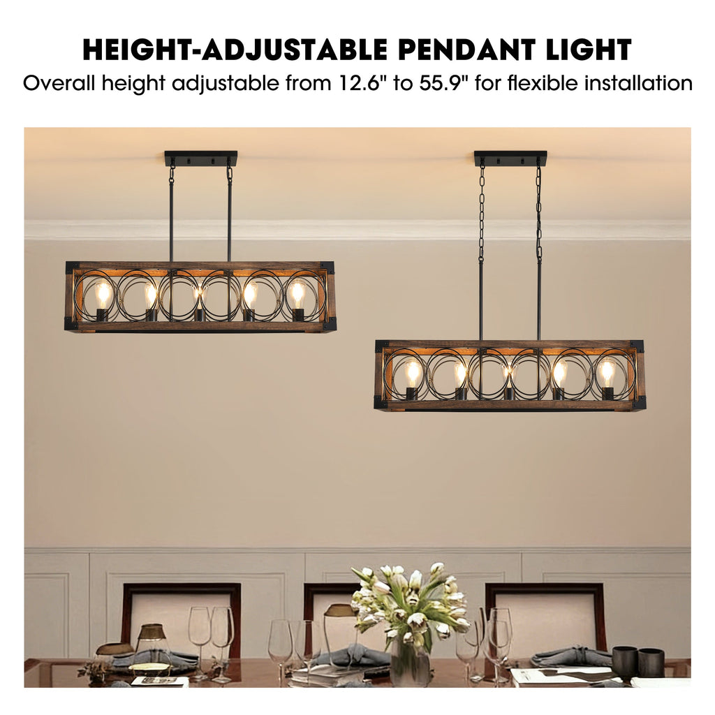 Lámpara de araña de madera maciza rectangular de estilo rústico moderno regulable de 5 luces