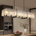 Lámpara de araña rectangular moderna con 7 luces, regulable, de cristal negro, para comedor