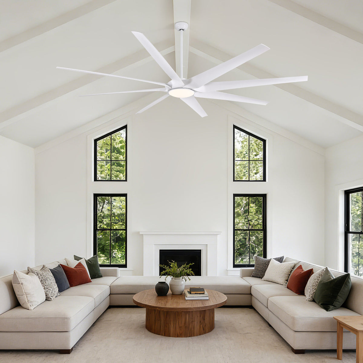 100" Smart Indoor White Industrial Large Downrod 8-Blade Ceiling Fans with Lights and Remote Dimmable