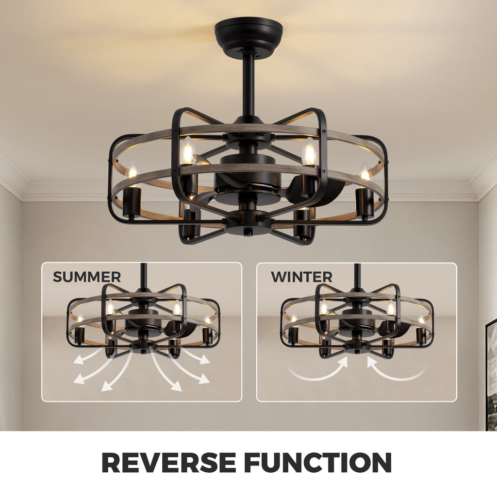 Ventilador de techo moderno de jaula negra para interiores de 25" con luces, rotación reversible y control remoto