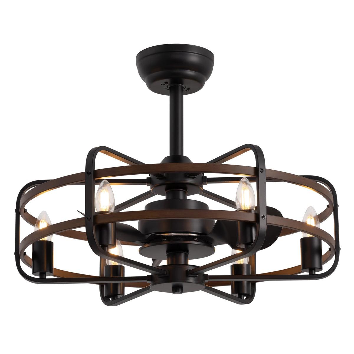 25" Farmhouse Indoor Vintage Caged Ceiling Fan with Lights and Remote Control, Black and Walnut Color Chandelier Fan